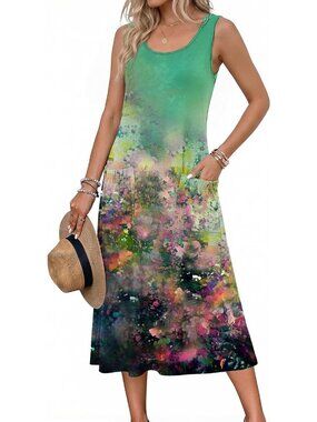 Women's Oil Painting Crewneck Midi Summer Sleeveless Dress Beach Casual Sundress